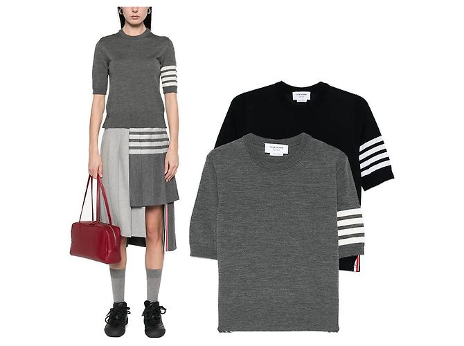 Thom Browne Diagonal gestricktes Kurzarm-Shirt aus Merinowolle Braun - Ansicht 6