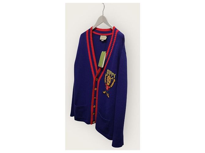 Gucci Navy Cardigan mit Intarsia-Katzen-Stickerei-Logo Blau - Ansicht 2