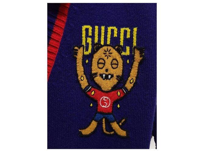 Gucci Navy Cardigan mit Intarsia-Katzen-Stickerei-Logo Blau - Ansicht 3