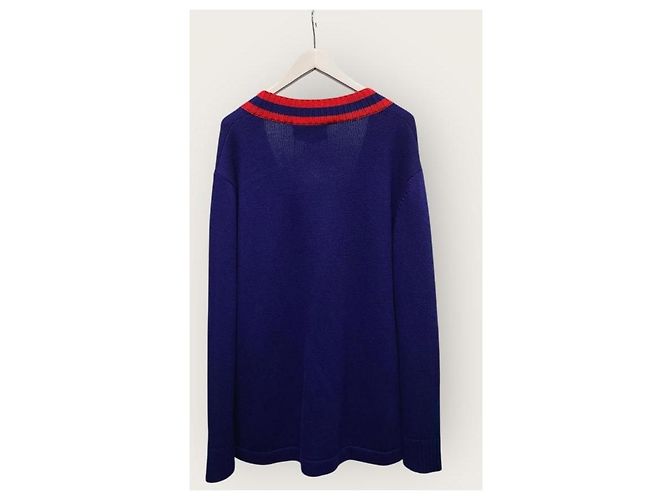 Gucci Navy Cardigan mit Intarsia-Katzen-Stickerei-Logo Blau - Ansicht 4