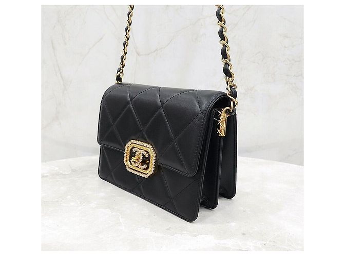 Chanel Nuova Mini Flap Bag in pelle di vitello Strass Oro Metal Interno Chip Nero - vista 2