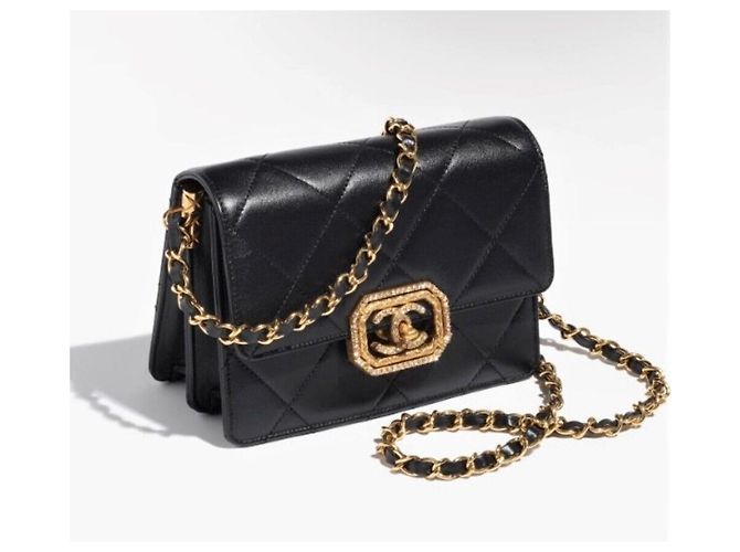 Chanel Nuova Mini Flap Bag in pelle di vitello Strass Oro Metal Interno Chip Nero - vista 8