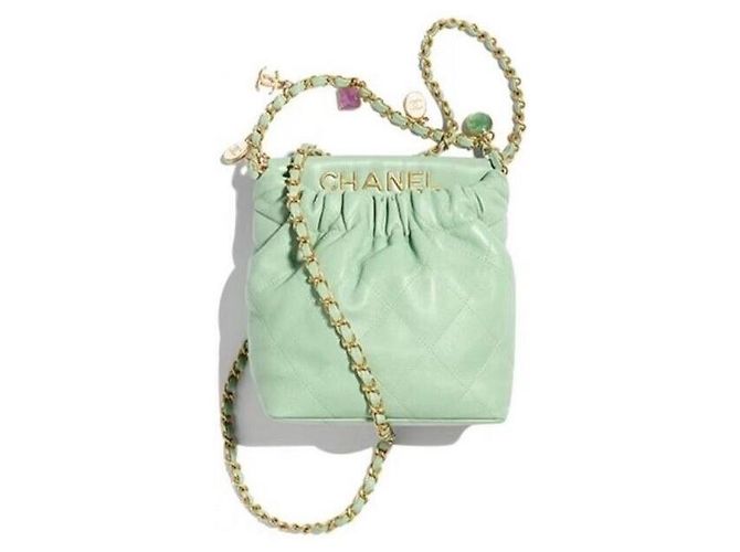 Chanel Nuova borsa bucket piccola in agnello color menta Verde - vista 9