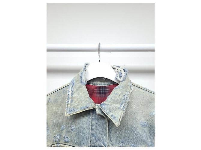 Amiri Distressed Denim Red Check Flannel Reversible Jacket - view 2