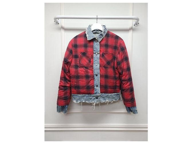 Amiri Distressed Denim Red Check Flannel Reversible Jacket - view 6