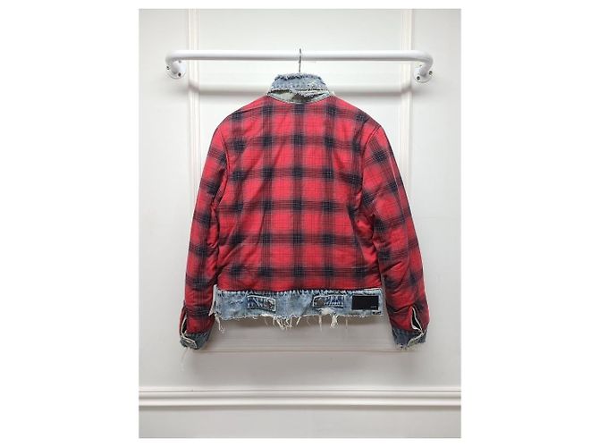 Amiri Distressed Denim Red Check Flannel Reversible Jacket - view 7