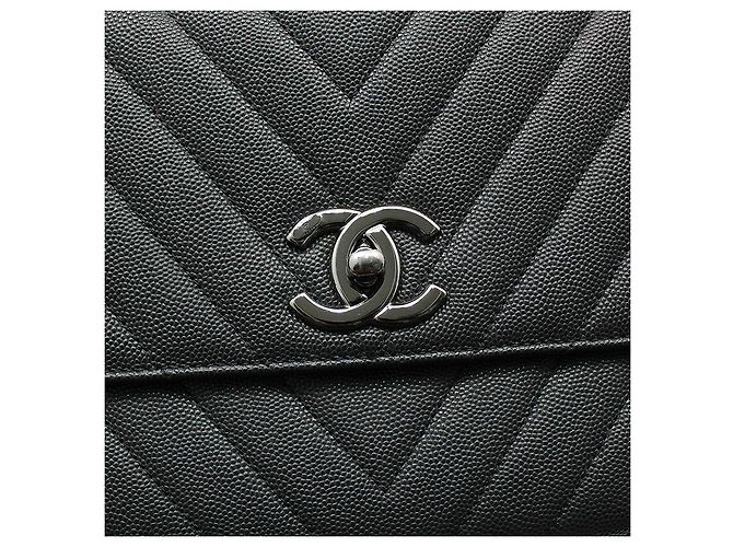 Borsa a Spalla Chanel Coco Handle Medium in Caviar Chevron Grigio Scuro Argento Marrone - vista 7
