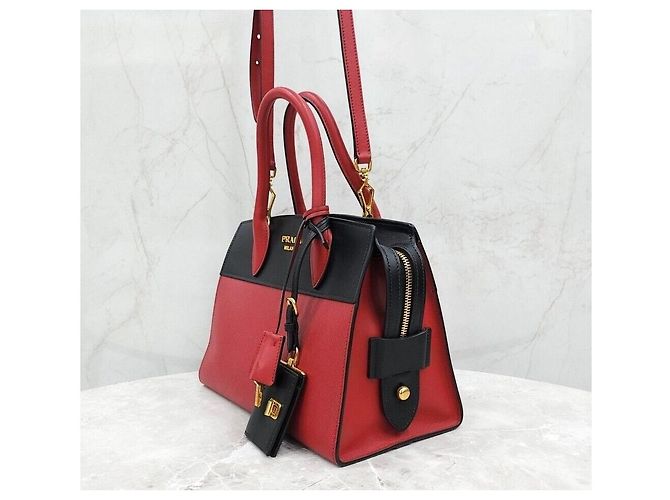 Prada Saffiano Zweifarbiger Tote Schultertasche Schwarz Rot - Ansicht 2