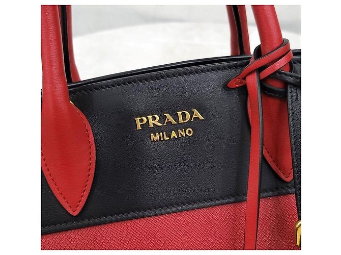 Prada Saffiano Zweifarbiger Tote Schultertasche Schwarz Rot - Ansicht 5