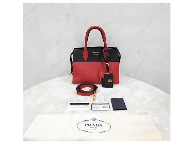 Prada Saffiano Zweifarbiger Tote Schultertasche Schwarz Rot - Ansicht 9
