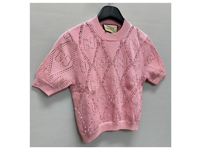 Gucci Kurzärmeliges Strickoberteil mit GG-Perlen für Damen Rot - Ansicht 2