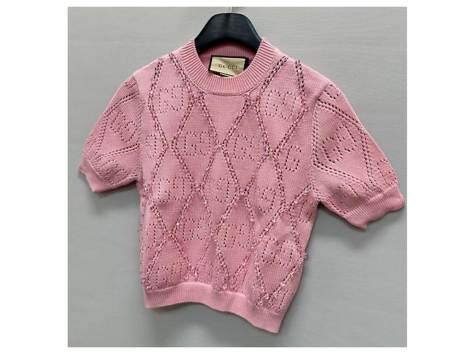 Gucci Kurzärmeliges Strickoberteil mit GG-Perlen für Damen Rot - Ansicht 3