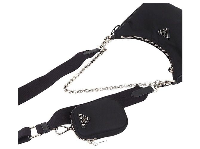 Prada Borsa Hobo Tesuto con tracolla a catena Nero - vista 3