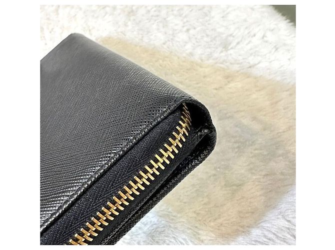Prada Langer Saffiano Vitello Gold Metal Geldbeutel Schwarz - Ansicht 4
