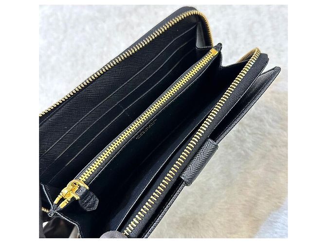 Prada Langer Saffiano Vitello Gold Metal Geldbeutel Schwarz - Ansicht 7