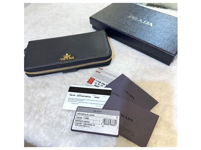 Prada Langer Saffiano Vitello Gold Metal Geldbeutel Schwarz - Ansicht 8