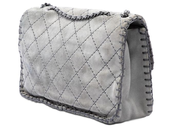 Chanel Gray Medium CC Quilted Suede Whipstitch Single Flap Marrone - vista 2