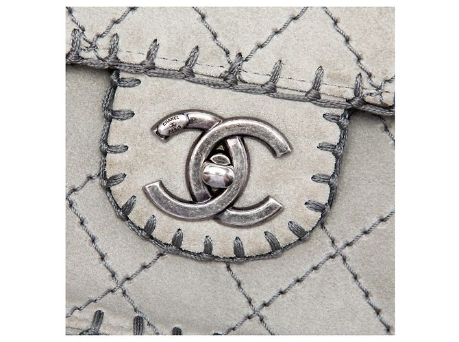 Chanel Gray Medium CC Quilted Suede Whipstitch Single Flap Marrone - vista 5