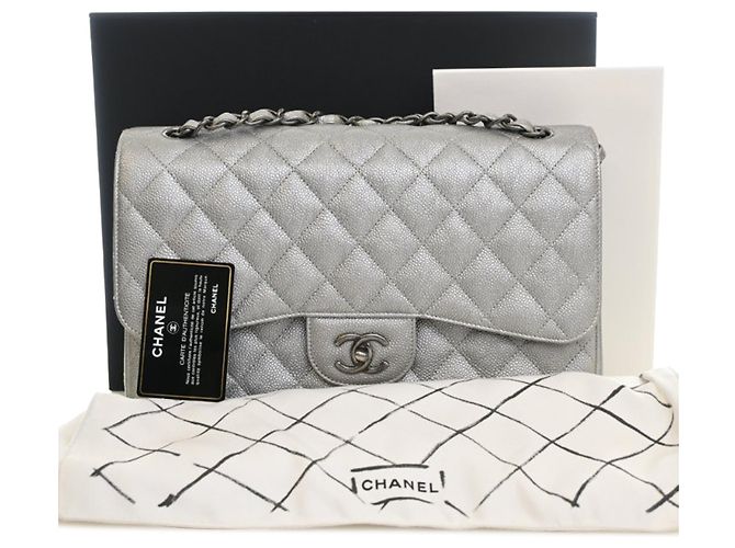 Chanel Silver Jumbo Classic Caviar Double Flap Argento - vista 14