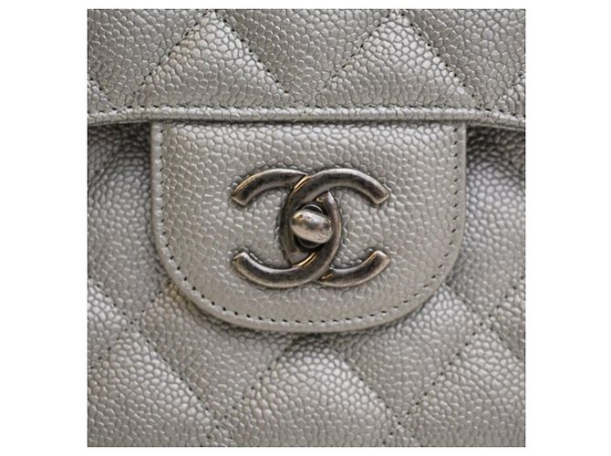 Chanel Silver Jumbo Classic Caviar Double Flap Argento - vista 5