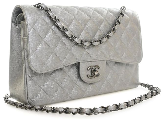 Chanel Silver Jumbo Classic Caviar Double Flap Argento - vista 7