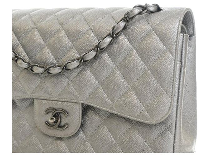 Chanel Silver Jumbo Classic Caviar Double Flap Argento - vista 8