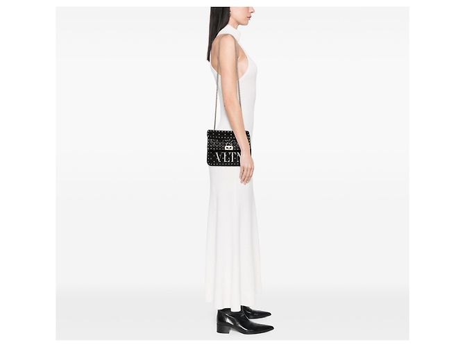Borsa Valentino Black Medium Lambskin VLTN Rockstud Spike Nero - vista 6