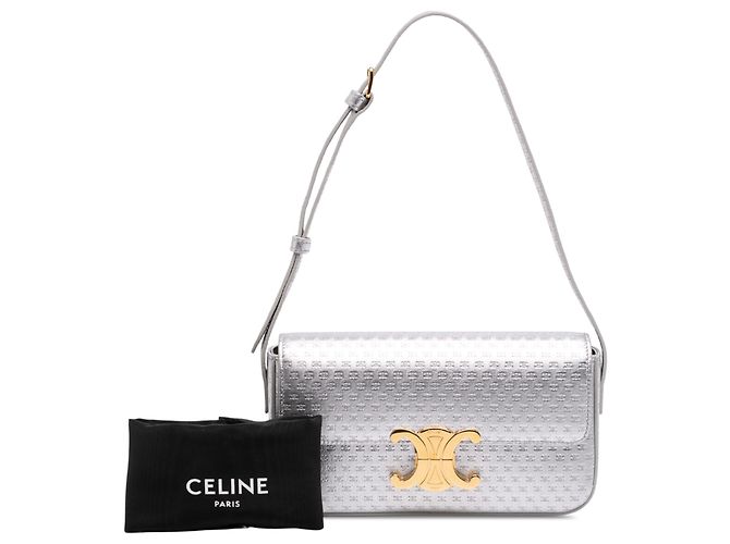 Céline Borsa a tracolla Claude in pelle di vitello laminata con motivo Triomphe argento Celine - vista 7