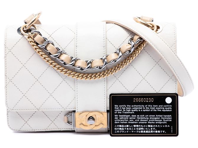 Chanel White CC Stitched Calfskin Chain Flap Bianco - vista 7