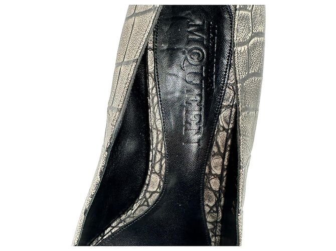 Alexander Mcqueen Croc-Embossed Peep-Toe Pumps in Grey Leather - view 12