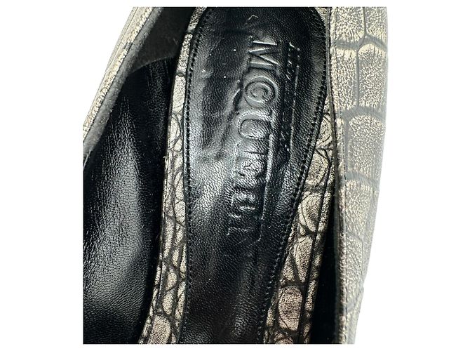 Alexander Mcqueen Croc-Embossed Peep-Toe Pumps in Grey Leather - view 13