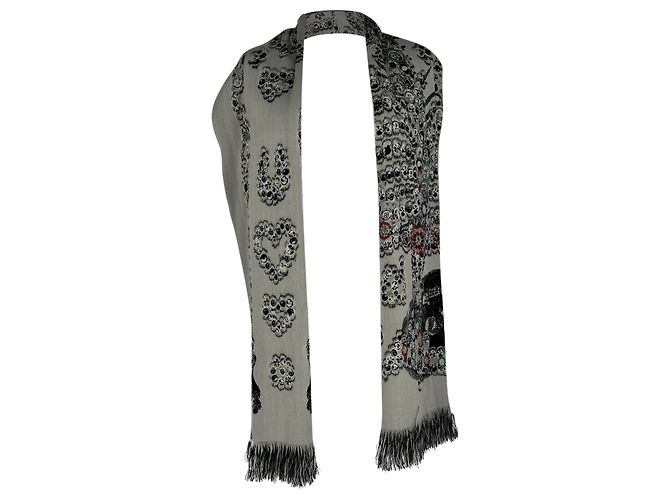 Alexander Mcqueen Schal mit Print und Fransen aus grauer Wolle - Ansicht 2