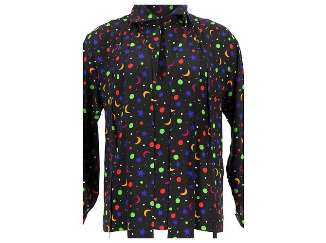 Yves Saint Laurent Camicetta Saint Laurent S/S 1979 Cosmic Print in seta nera Nero - vista 5