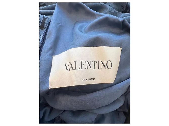 Valentino Garavani Langes Kleid aus Seide und Samt in Marineblau mit Vogelmuster - Ansicht 8