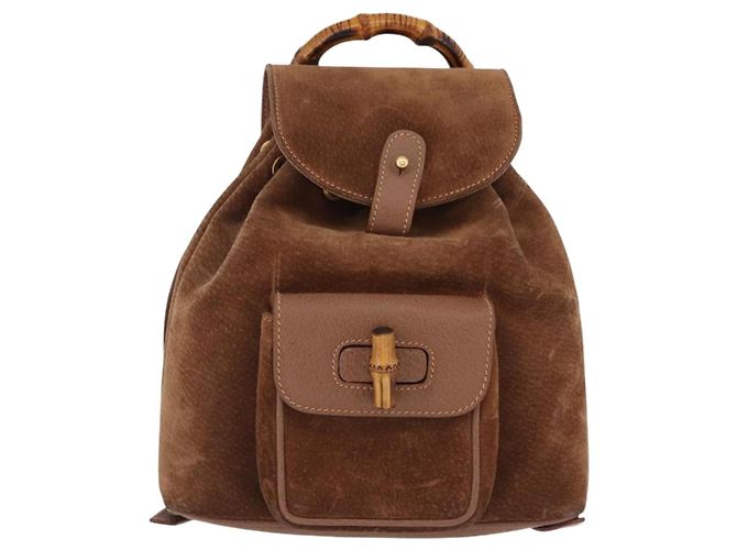 Zaino GUCCI Bamboo Scamosciato Marrone Oro 003 1705 0030 Auth 191888 D'oro - vista 2