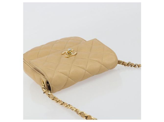 CHANEL Borsa a Spalla Matelasse in Pelle di Agnello Beige Oro CC Auth 193017 D'oro - vista 6