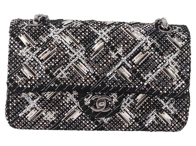 CHANEL beads Chain Matelasse 25 Bag Tweed Black Silver CC Auth yk20617SM Silvery - view 2