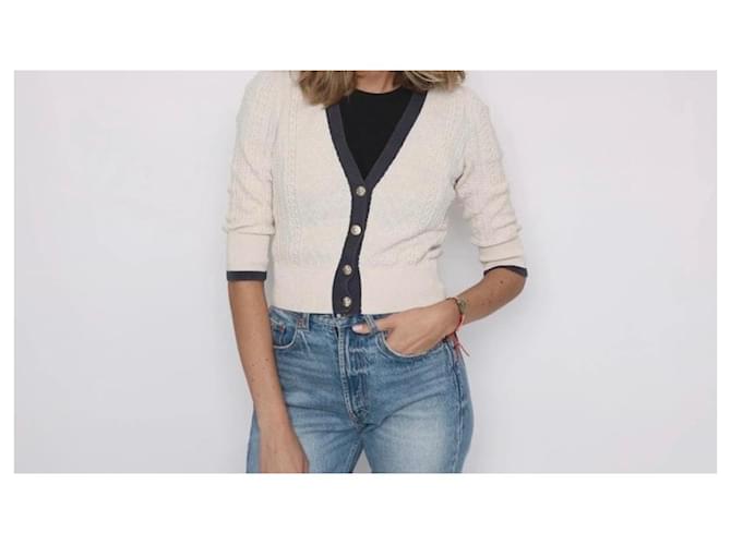 Chanel Strickjacke V-Ausschnitt Beige Dunkelblau - Ansicht 2