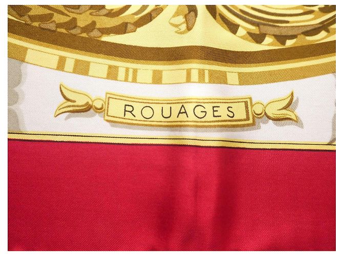 Hermès Rouages Pañuelo de Seda Castaño Blanco Roja Gold hardware - vista 3