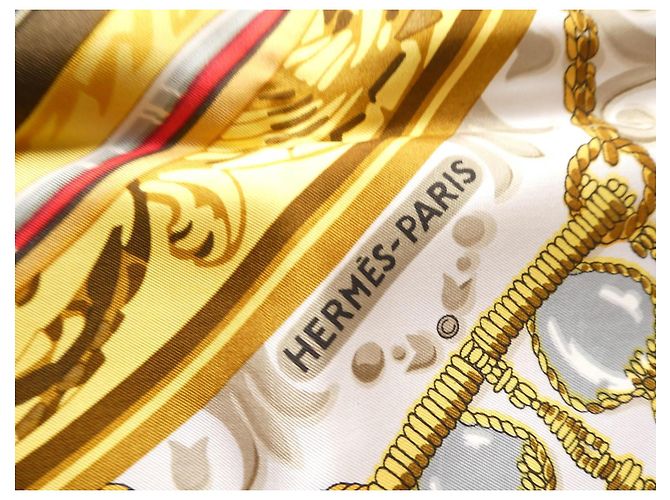 Hermès Rouages Pañuelo de Seda Castaño Blanco Roja Gold hardware - vista 4