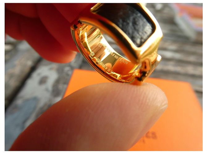 Hermès Olympe Ring Schwarz Leder Gold Größe 52 Golden - Ansicht 7