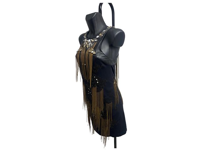 Roberto Cavalli Schwarzes Perlenfransenkleid mit Leder- und Kristall-Ausschnitt - Ansicht 2