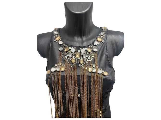 Roberto Cavalli Schwarzes Perlenfransenkleid mit Leder- und Kristall-Ausschnitt - Ansicht 3