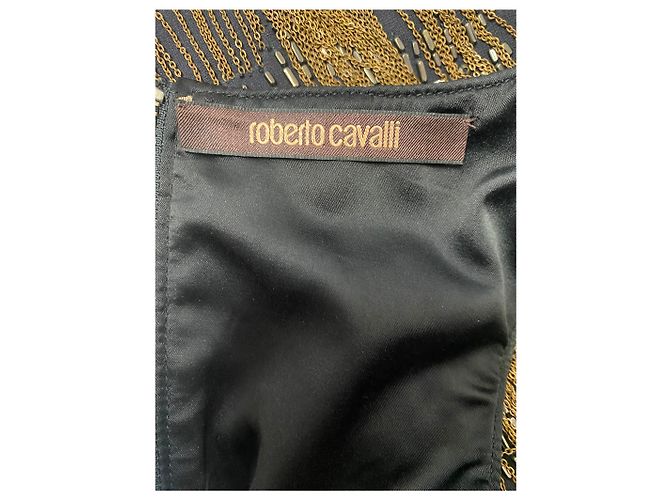 Roberto Cavalli Schwarzes Perlenfransenkleid mit Leder- und Kristall-Ausschnitt - Ansicht 6