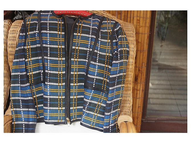 Escada checked leather zip jacket Black White Blue Green Yellow - view 6