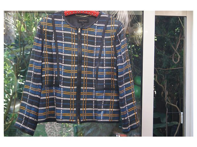 Escada checked leather zip jacket Black White Blue Green Yellow - view 8