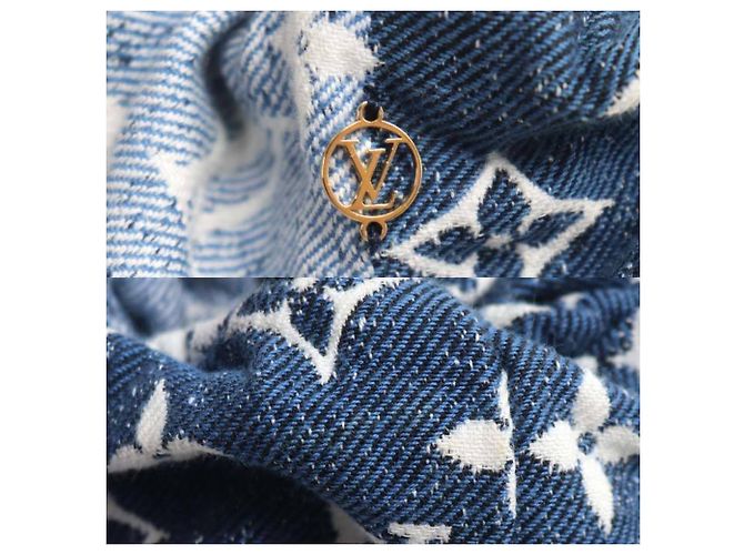 Scrunchie in cotone denim monogram Louis Vuitton Bianco Blu - vista 4