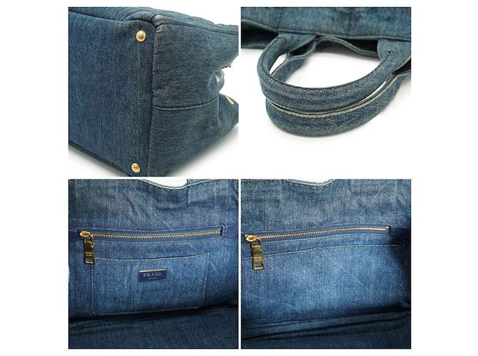 Prada Jeans in denim blu Avio Borsa tote Canapa con stampa logo - vista 5