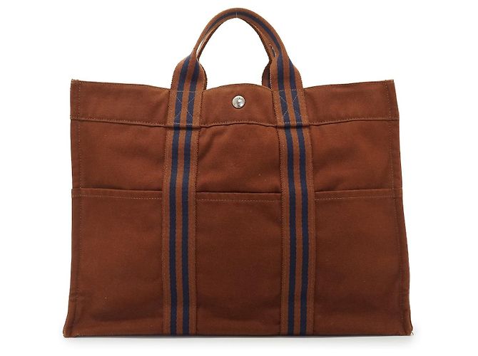 Hermès Borsa Tote Fourre Tout MM in tela di cotone a righe marroni e blu Hermes Marrone - vista 2