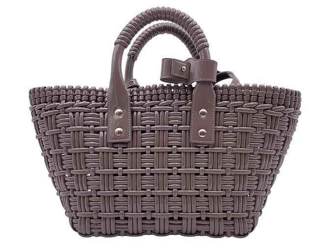 First Balenciaga Borsa Tote Cesto da Bistro in Vimini Intrecciati Taupe, Borsa a Spalla - vista 3